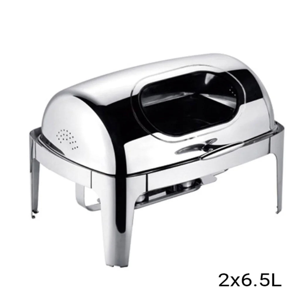 Stainless Steel Double Soup Tureen Bowl Station Set of 2 with Roll Top Buffet Chafing Dish - 6.5L