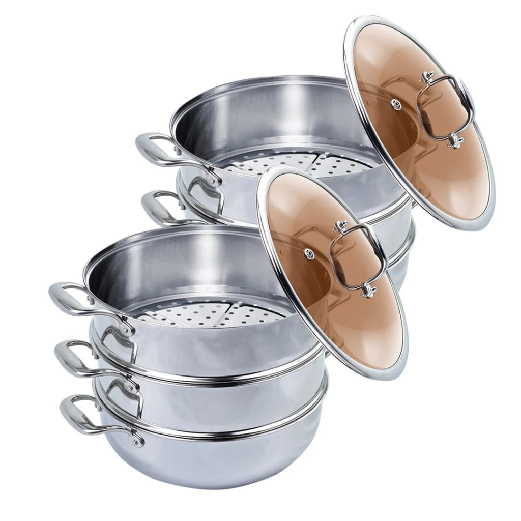 Stainless Steel Food Steamer 2X 3 Tier 26cm Heavy Duty Vegetable Pot Stackable Pan Insert with Glass Lid