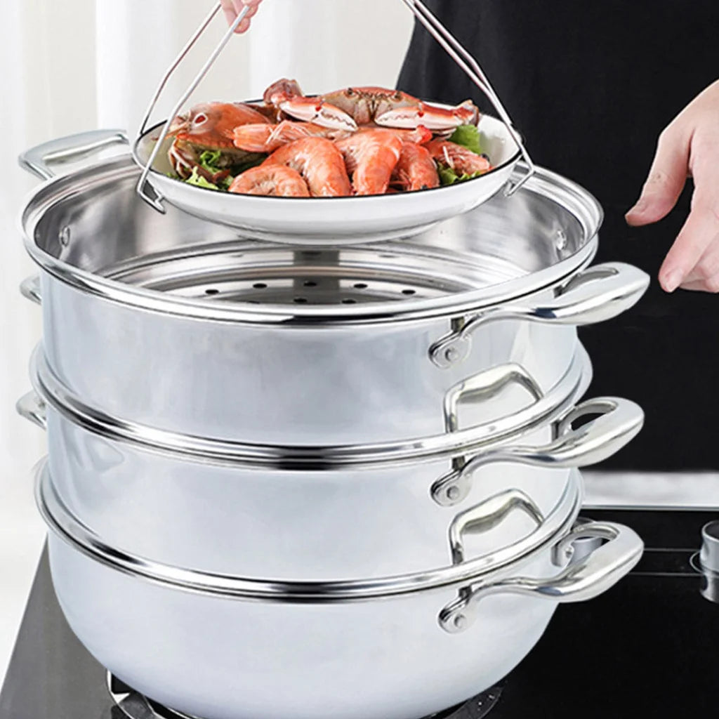 Stainless Steel Food Steamer 2X 3 Tier 30cm Heavy Duty Vegetable Pot Stackable Pan Insert with Glass Lid