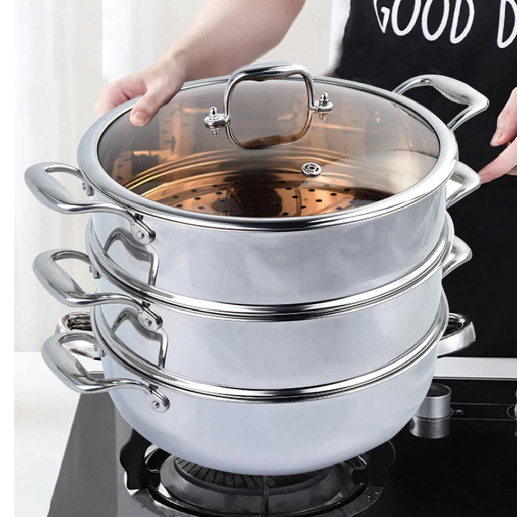 Stainless Steel Food Steamer 2X 3 Tier 30cm Heavy Duty Vegetable Pot Stackable Pan Insert with Glass Lid