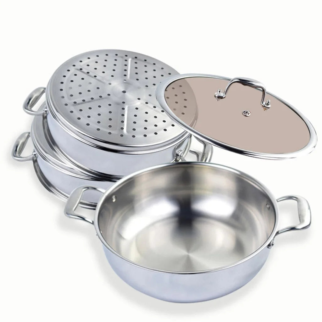 Stainless Steel Food Steamer 2X 3 Tier 30cm Heavy Duty Vegetable Pot Stackable Pan Insert with Glass Lid