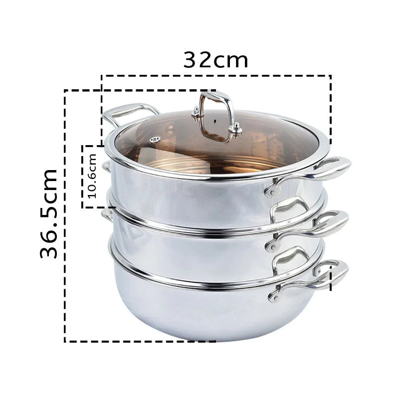 Stainless Steel Food Steamer 2X 3 Tier 32cm Heavy Duty Vegetable Pot Stackable Pan Insert with Glass Lid