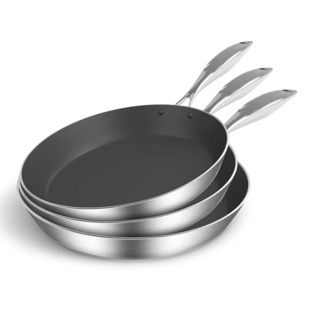 Stainless Steel Fry Pan Set Premium 3X Induction Non-Stick Interior Skillet Frying Pan