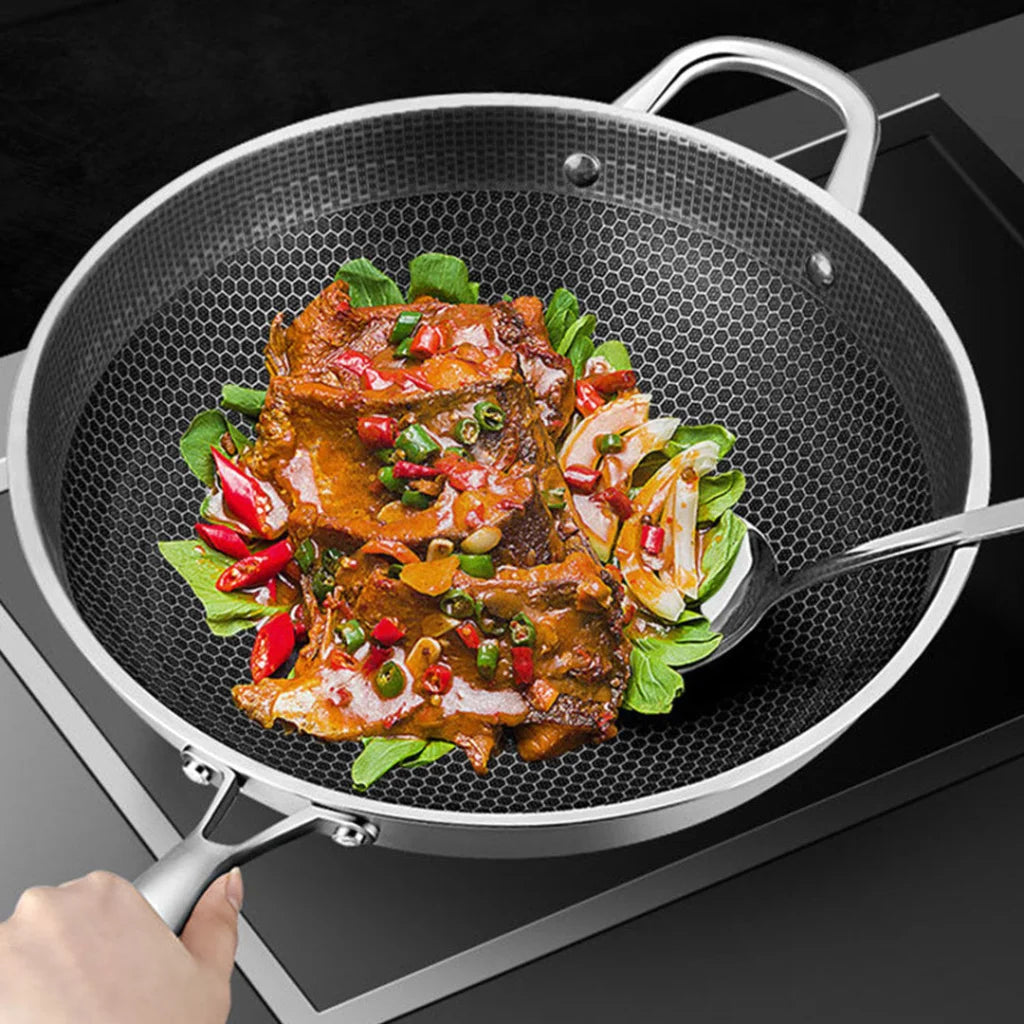 Stainless Steel Frying Pan 2X 32cm Tri-Ply Cooking Skillet Textured Non Stick Interior with Glass Lid