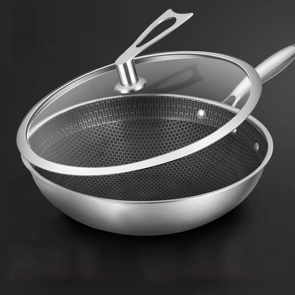 Stainless Steel Frying Pan 2X 32cm Tri-Ply Cooking Skillet Textured Non Stick Interior with Glass Lid