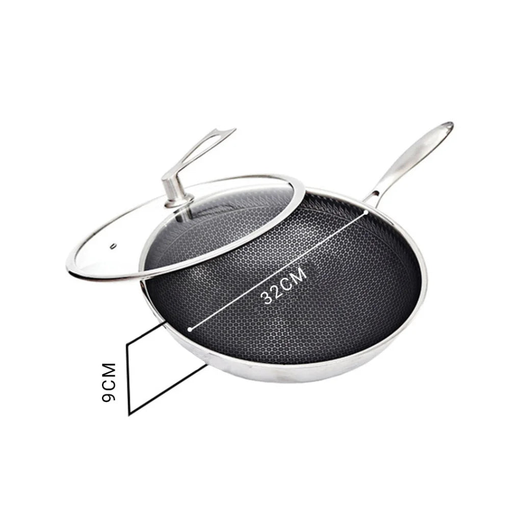 Stainless Steel Frying Pan 2X 32cm Tri-Ply Cooking Skillet Textured Non Stick Interior with Glass Lid