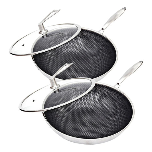 Stainless Steel Frying Pan 2X 32cm Tri-Ply Cooking Skillet Textured Non Stick Interior with Glass Lid