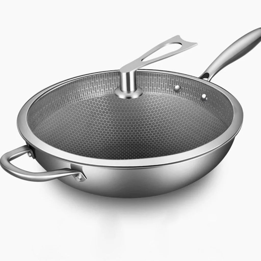 Stainless Steel Frying Pan 2X 34cm Tri-Ply Cooking Skillet Textured Non Stick with Glass Lid and Helper Handle