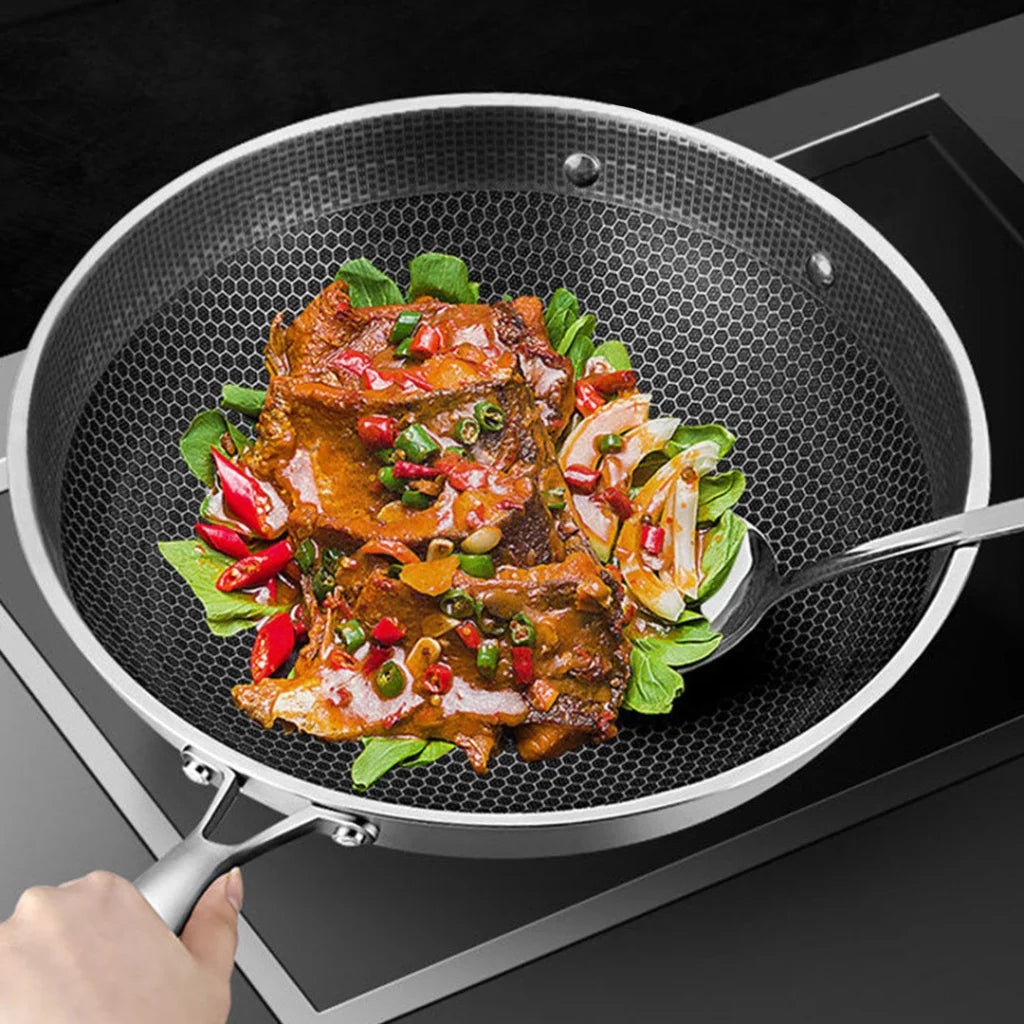 Stainless Steel Frying Pan 2X 34cm Tri-Ply Cooking Skillet Textured Non Stick with Glass Lid and Helper Handle
