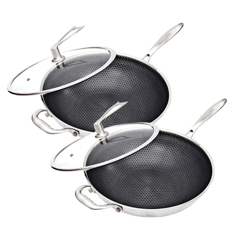 Stainless Steel Frying Pan 2X 34cm Tri-Ply Cooking Skillet Textured Non Stick with Glass Lid and Helper Handle