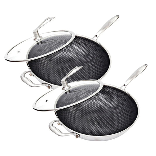 Stainless Steel Frying Pan 2X 34cm Tri-Ply Cooking Skillet Textured Non Stick with Glass Lid and Helper Handle