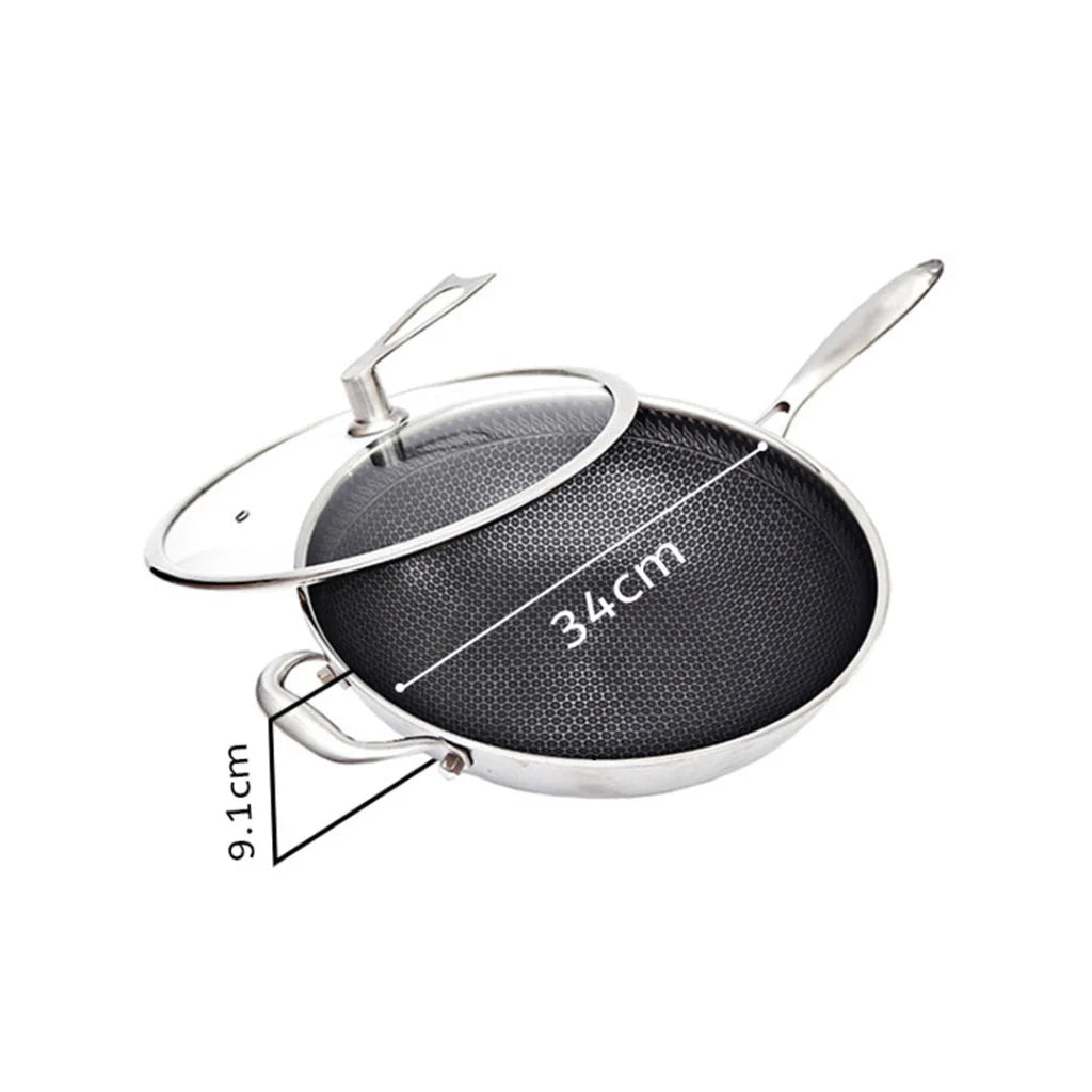 Stainless Steel Frying Pan 2X 34cm Tri-Ply Cooking Skillet Textured Non Stick with Glass Lid and Helper Handle