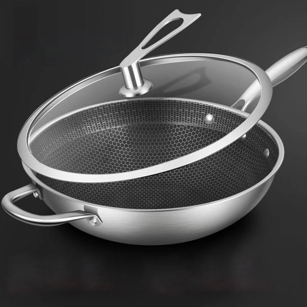 Stainless Steel Frying Pan 2X 34cm Tri-Ply Cooking Skillet Textured Non Stick with Glass Lid and Helper Handle