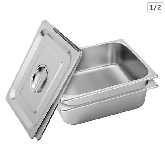 Stainless Steel Gastronorm Pan Premium 2X Full Size 1/2 10cm Deep Tray with Lid