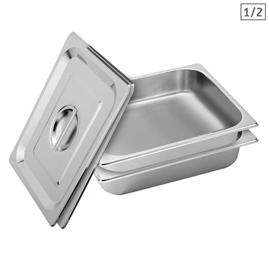 Stainless Steel Gastronorm Pan Premium 2X Full Size 1/2 6.5cm Deep Tray with Lid