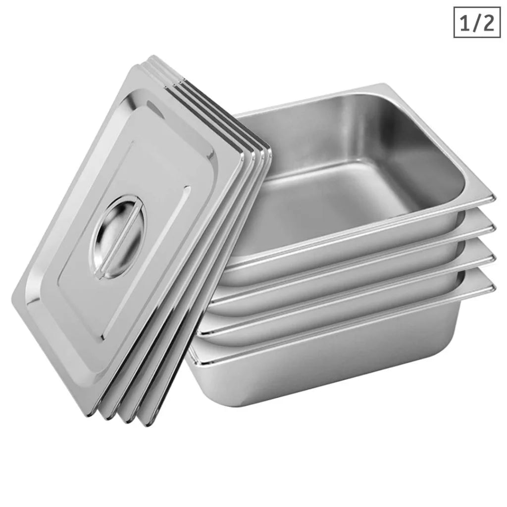 Stainless Steel Gastronorm Pan Premium 4X Full Size 1/2 10cm Deep Tray with Lid