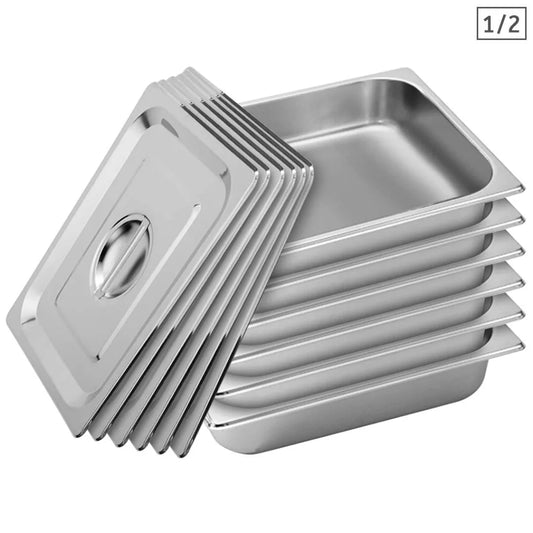 Stainless Steel Gastronorm Pan Premium 6X Full Size 1/2 6.5cm Deep Tray with Lid