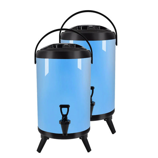 Stainless Steel Insulated Milk Tea Barrel 2X 10L Hot and Cold Beverage Dispenser with Faucet - Blue