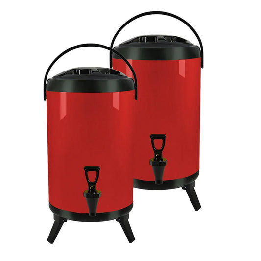 Stainless Steel Insulated Milk Tea Barrel 2X 16L Hot and Cold Beverage Dispenser with Faucet - Red