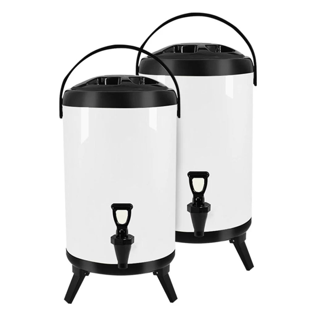 Stainless Steel Insulated Milk Tea Barrel 2X 16L Hot and Cold Beverage Dispenser with Faucet - White