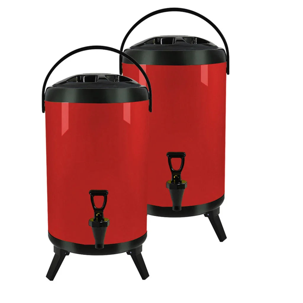 Stainless Steel Insulated Milk Tea Barrel 2X 8L Hot and Cold Beverage Dispenser with Faucet - Red