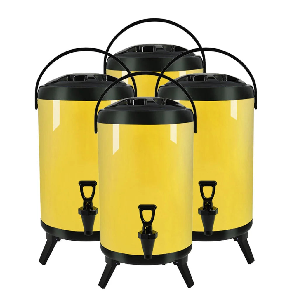 Stainless Steel Insulated Milk Tea Barrel 4X 10L Hot and Cold Beverage Dispenser with Faucet - Yellow