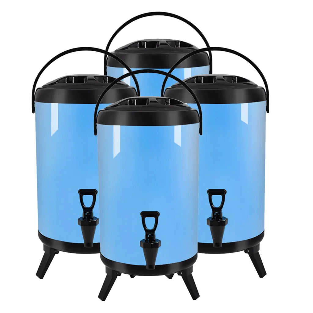 Stainless Steel Insulated Milk Tea Barrel 4X 10L Hot and Cold Beverage Dispenser with Faucet - Blue