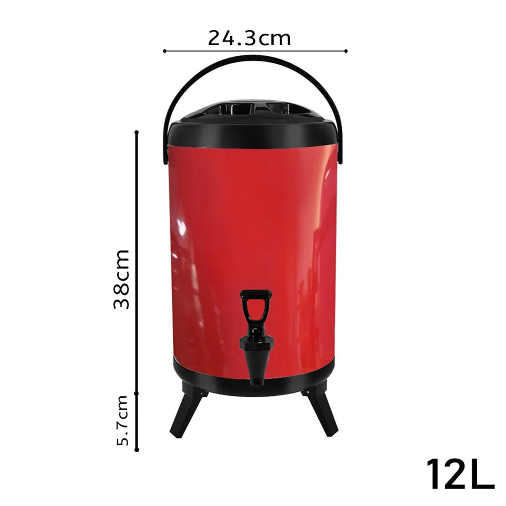 Stainless Steel Insulated Milk Tea Barrel 4X 12L Hot and Cold Beverage Dispenser with Faucet - Red