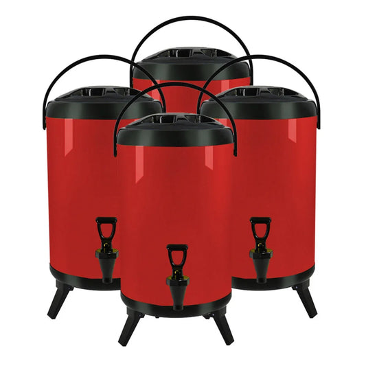 Stainless Steel Insulated Milk Tea Barrel 4X 16L Hot and Cold Beverage Dispenser with Faucet - Red