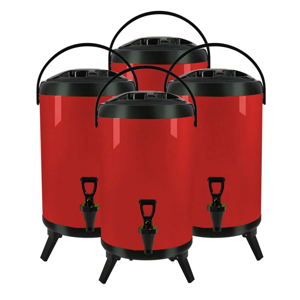 Stainless Steel Insulated Milk Tea Barrel 4X 18L Hot and Cold Beverage Dispenser with Faucet - Red