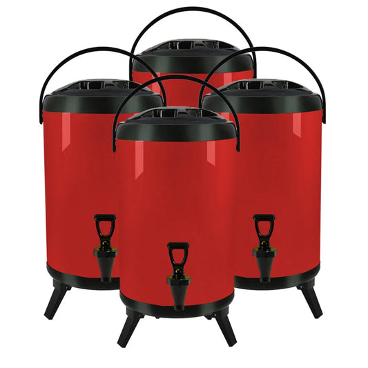 Stainless Steel Insulated Milk Tea Barrel 4X 8L Hot and Cold Beverage Dispenser with Faucet - Red