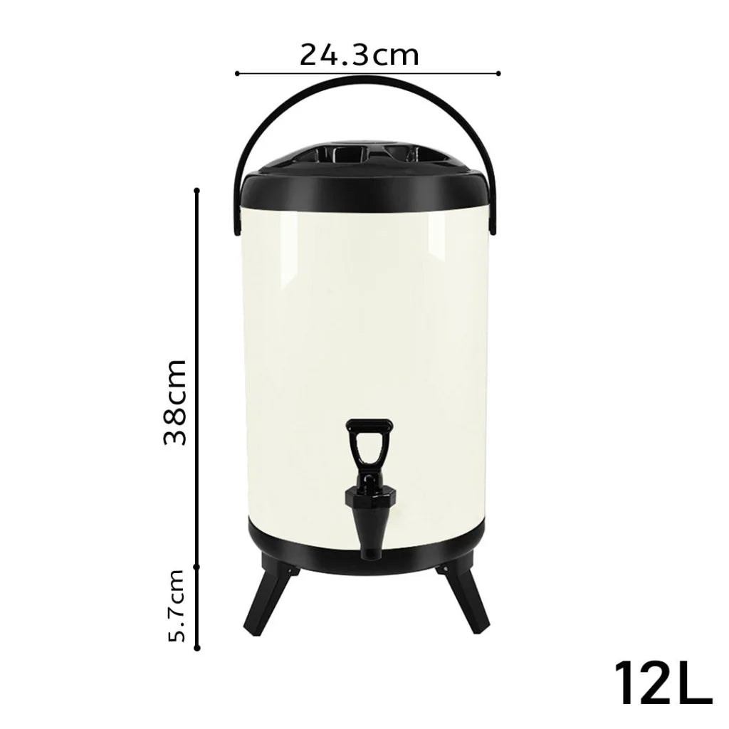 Stainless Steel Insulated Milk Tea Barrel 8X 12L Hot and Cold Beverage Dispenser with Faucet - White
