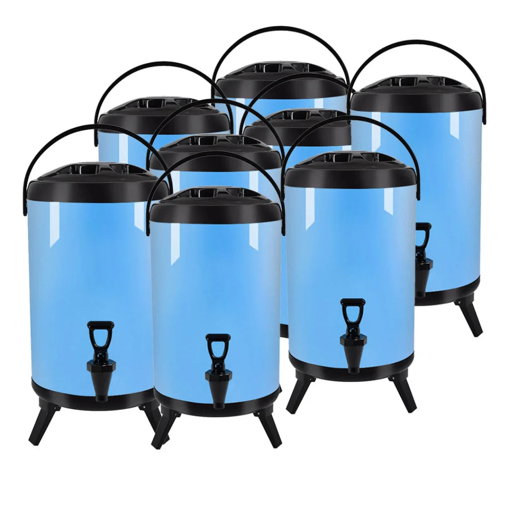 Stainless Steel Insulated Milk Tea Barrel 8X 12L Hot and Cold Beverage Dispenser with Faucet - Blue
