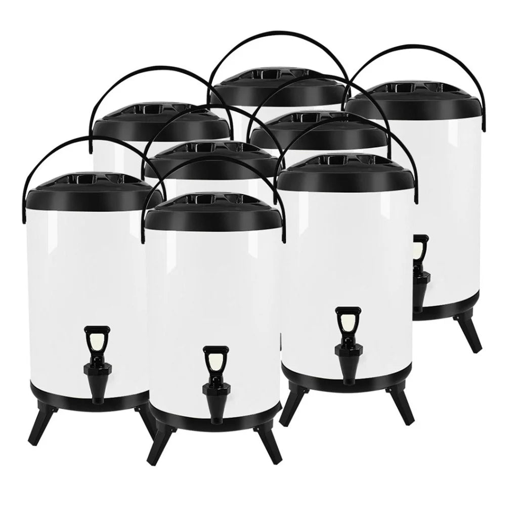 Stainless Steel Insulated Milk Tea Barrel 8X 14L Hot and Cold Beverage Dispenser with Faucet - White