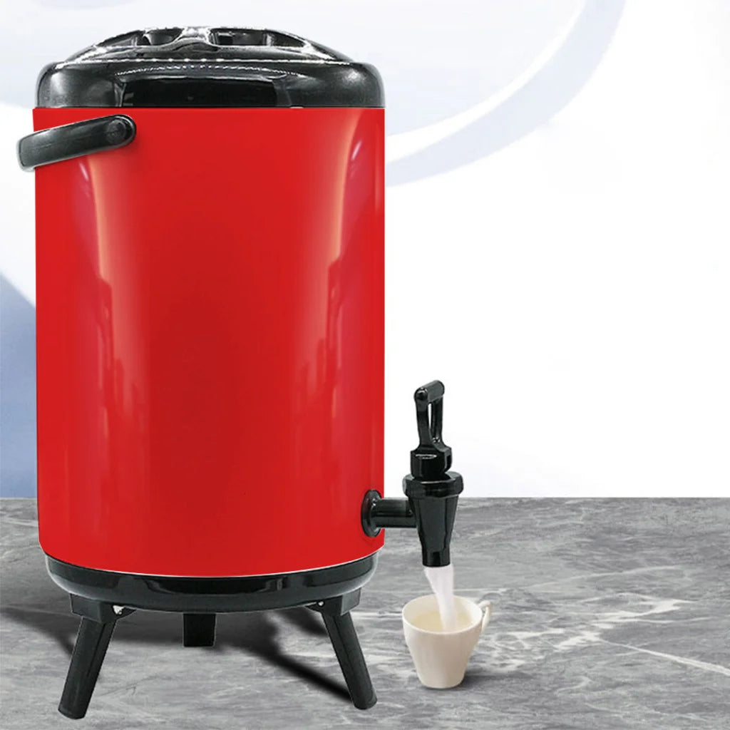 Stainless Steel Insulated Milk Tea Barrel 8X 16L Hot and Cold Beverage Dispenser with Faucet - Red