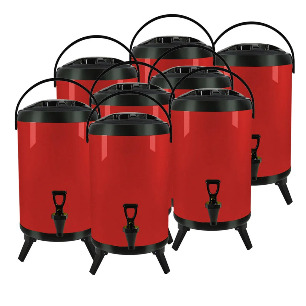 Stainless Steel Insulated Milk Tea Barrel 8X 16L Hot and Cold Beverage Dispenser with Faucet - Red