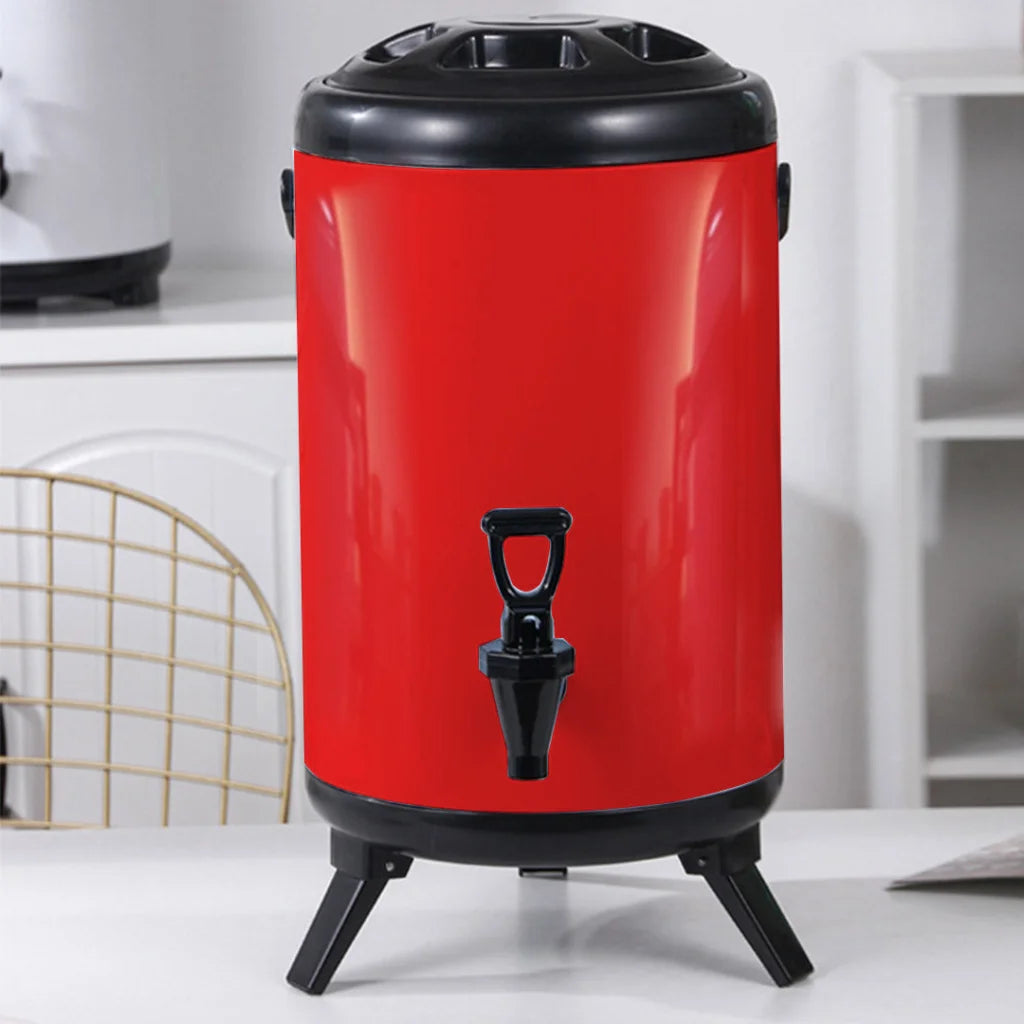 Stainless Steel Insulated Milk Tea Barrel 8X 16L Hot and Cold Beverage Dispenser with Faucet - Red