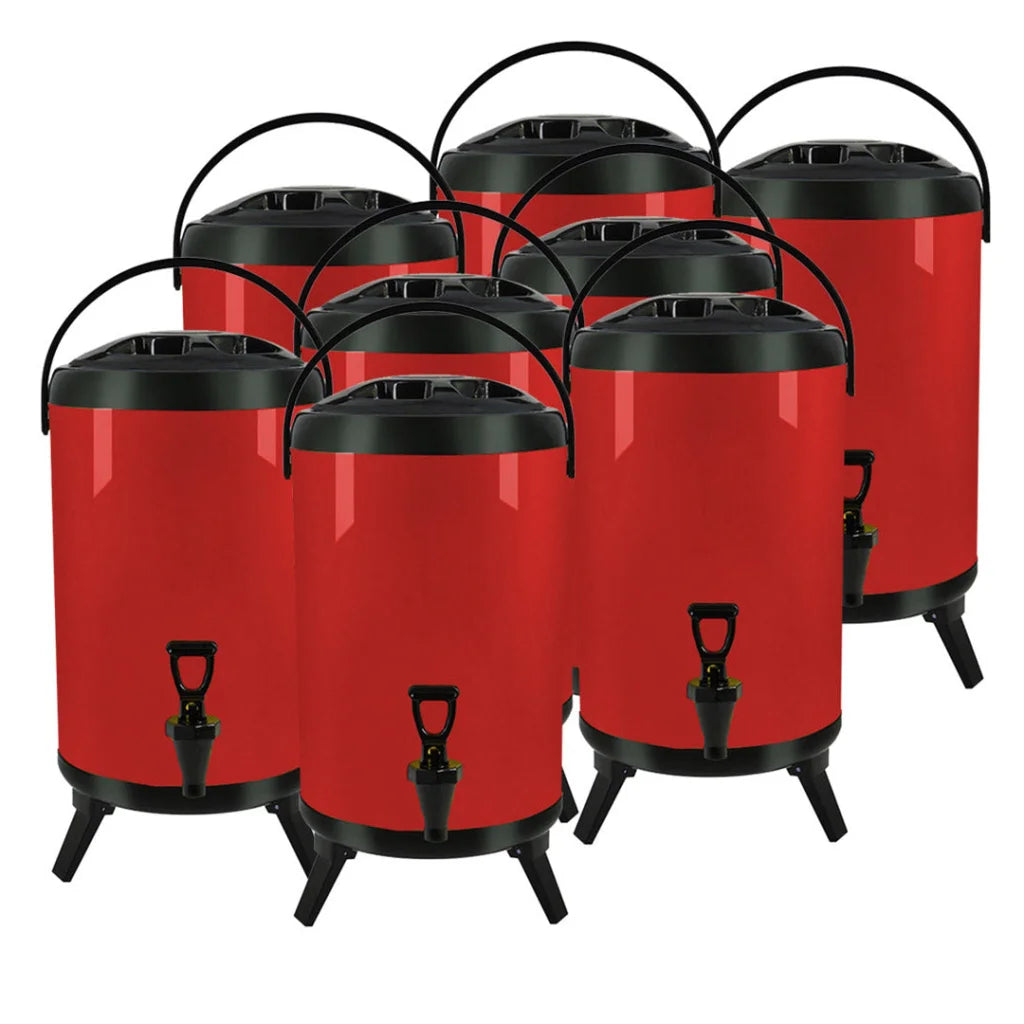 Stainless Steel Insulated Milk Tea Barrel 8X 8L Hot and Cold Beverage Dispenser with Faucet - Red