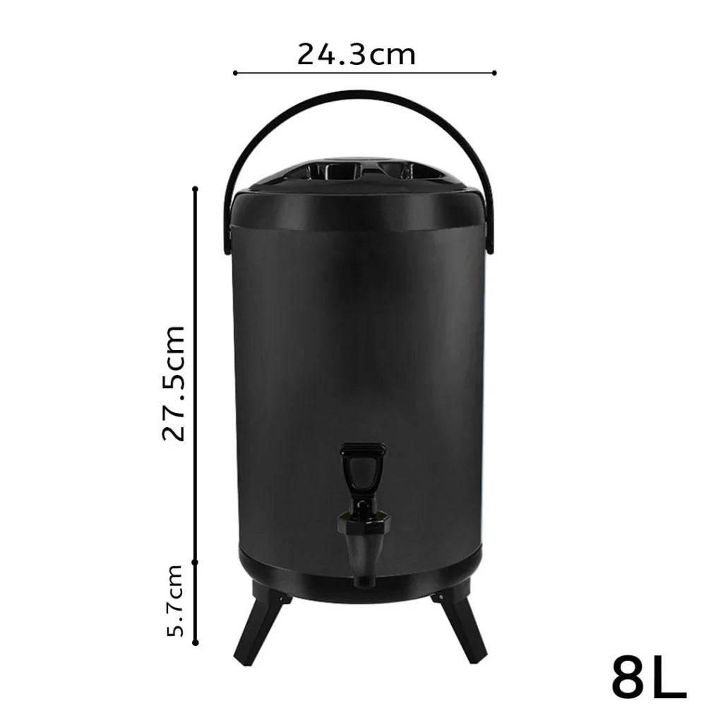 Stainless Steel Insulated Milk Tea Barrel 8X 8L Hot and Cold Beverage Dispenser with Faucet - Black