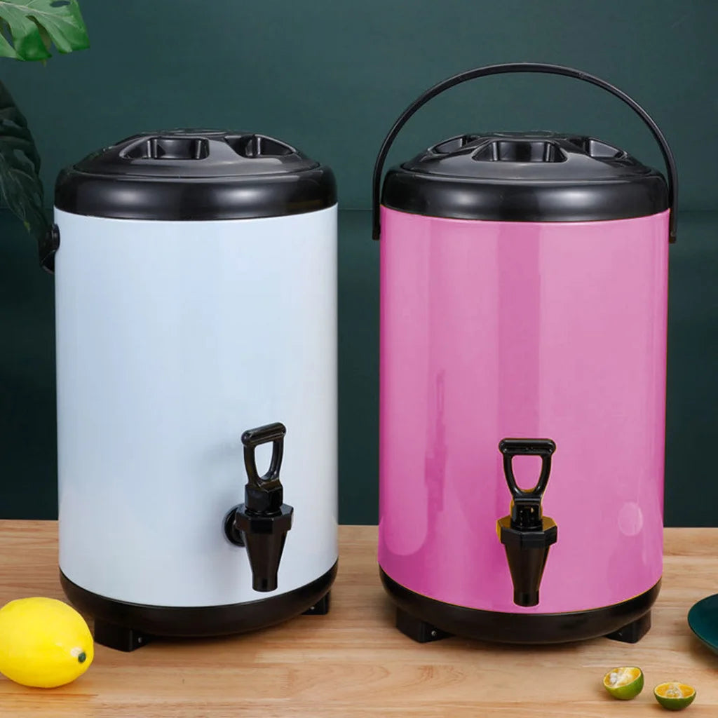 Stainless Steel Insulated Milk Tea Barrel Set of 8 - 18L Hot and Cold Beverage Dispenser - Pink