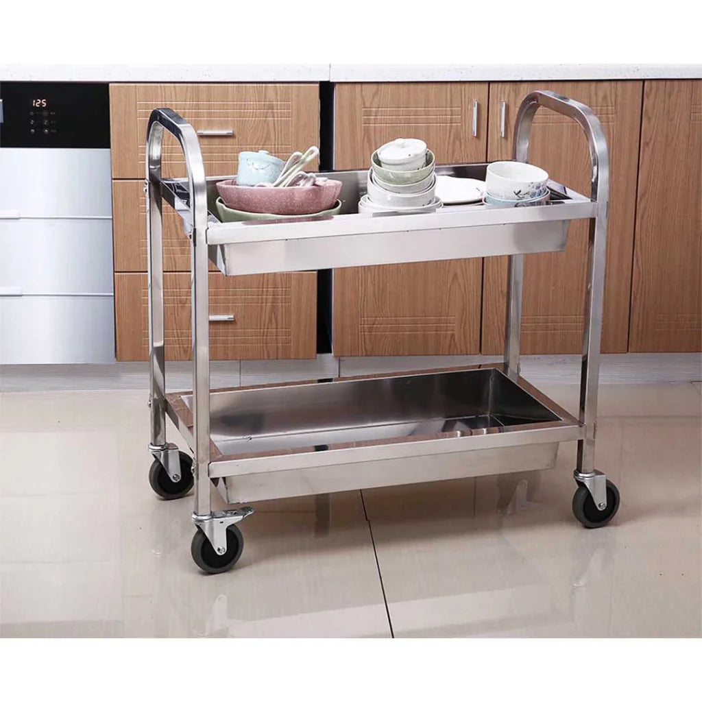 Stainless Steel Kitchen Trolley 2X 2 Tier 95×50×95cm Bowl Collect Service Food Cart Large