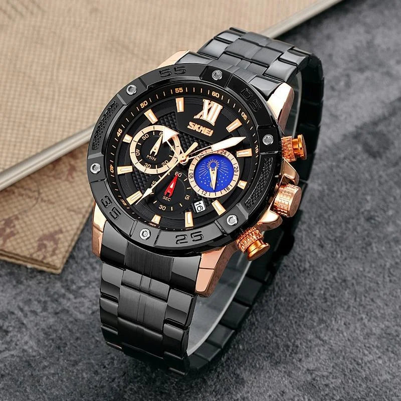 Stainless Steel Men Moonphase Quartz Watch with Strap