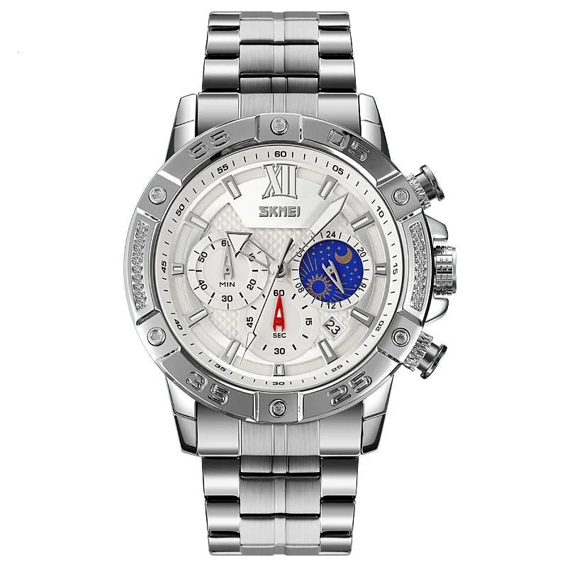 Stainless Steel Men Moonphase Quartz Watch with Strap