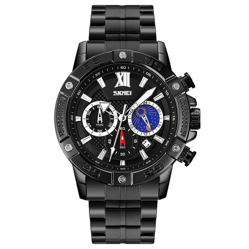 Stainless Steel Men Moonphase Quartz Watch with Strap