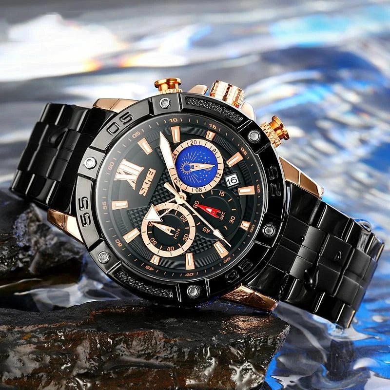 Stainless Steel Men Moonphase Quartz Watch with Strap