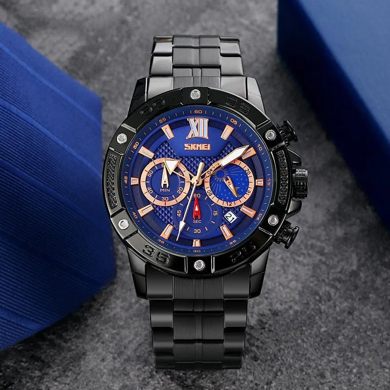 Stainless Steel Men Moonphase Quartz Watch with Strap