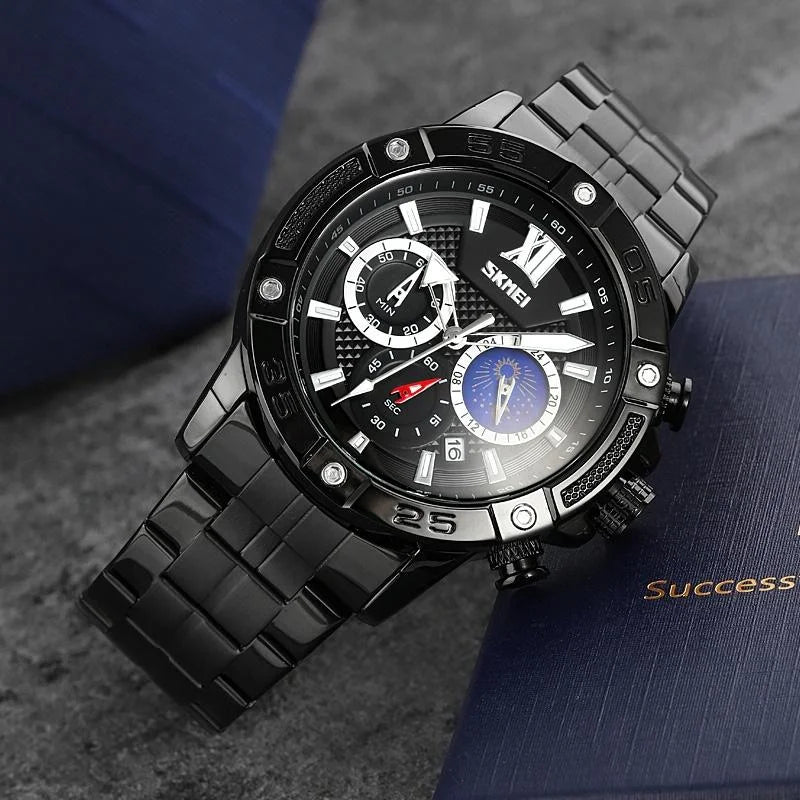 Stainless Steel Men Moonphase Quartz Watch with Strap