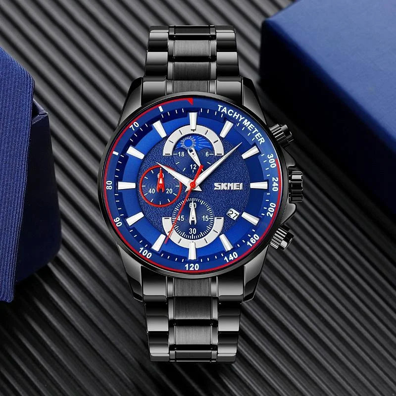 Stainless Steel Men Moonphase Watch with Date - Black Blue