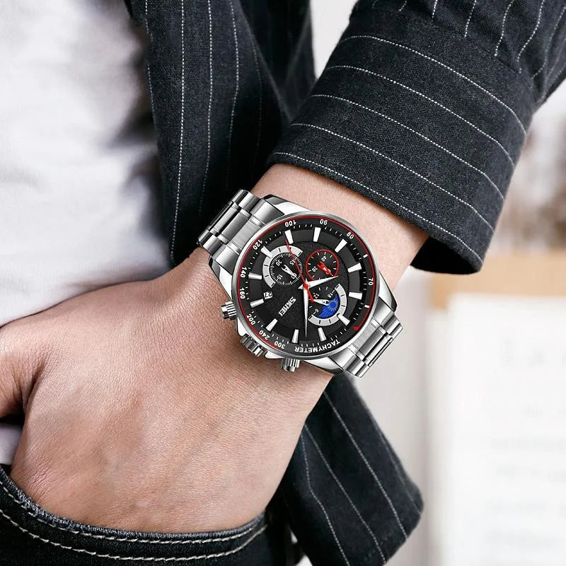 Stainless Steel Men Moonphase Watch with Date - Black Blue