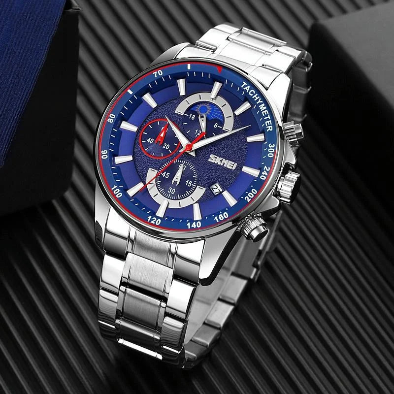 Stainless Steel Men Moonphase Watch with Date - Black Blue